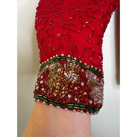 Vintage Laurence Kazer Silk beaded red formal cardigan Jacket Coat hoilday large - Picture 9 of 12